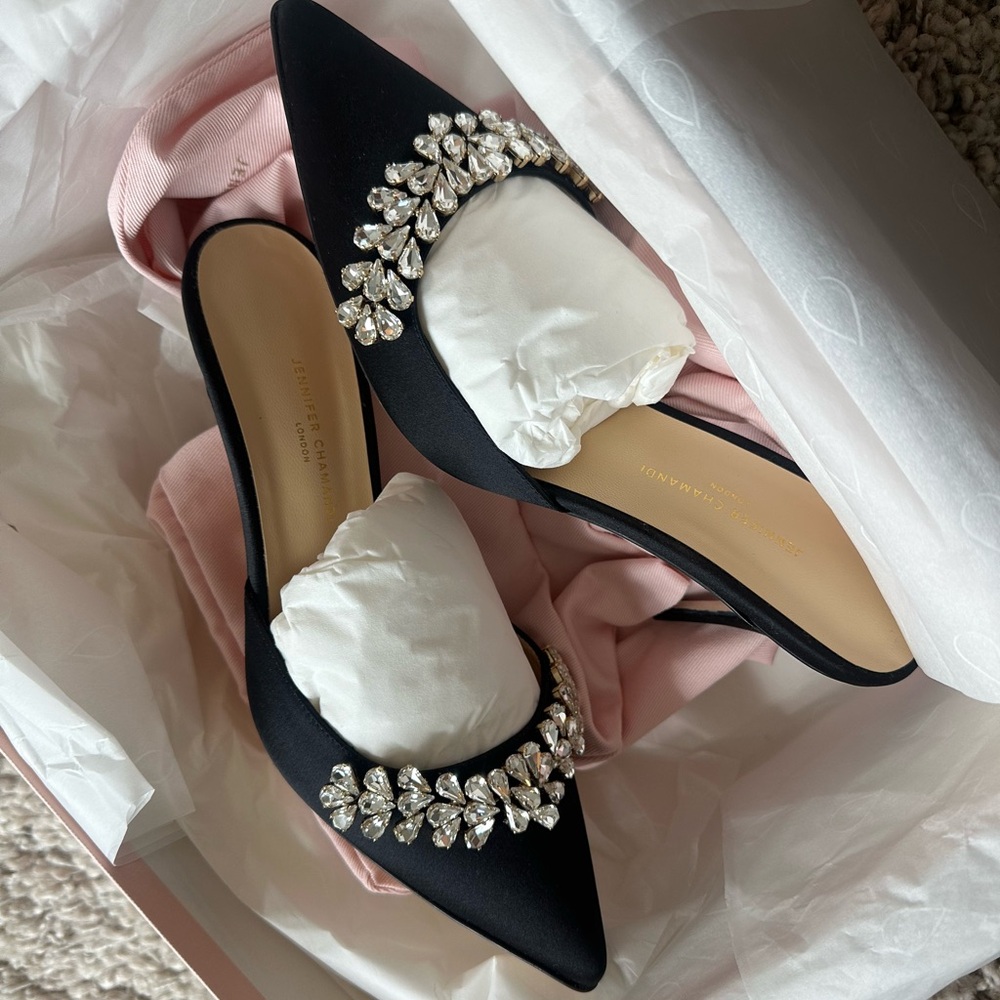 Jennifer Chamandi Giuseppe 85 Crystal-embellished Satin Mules - Black